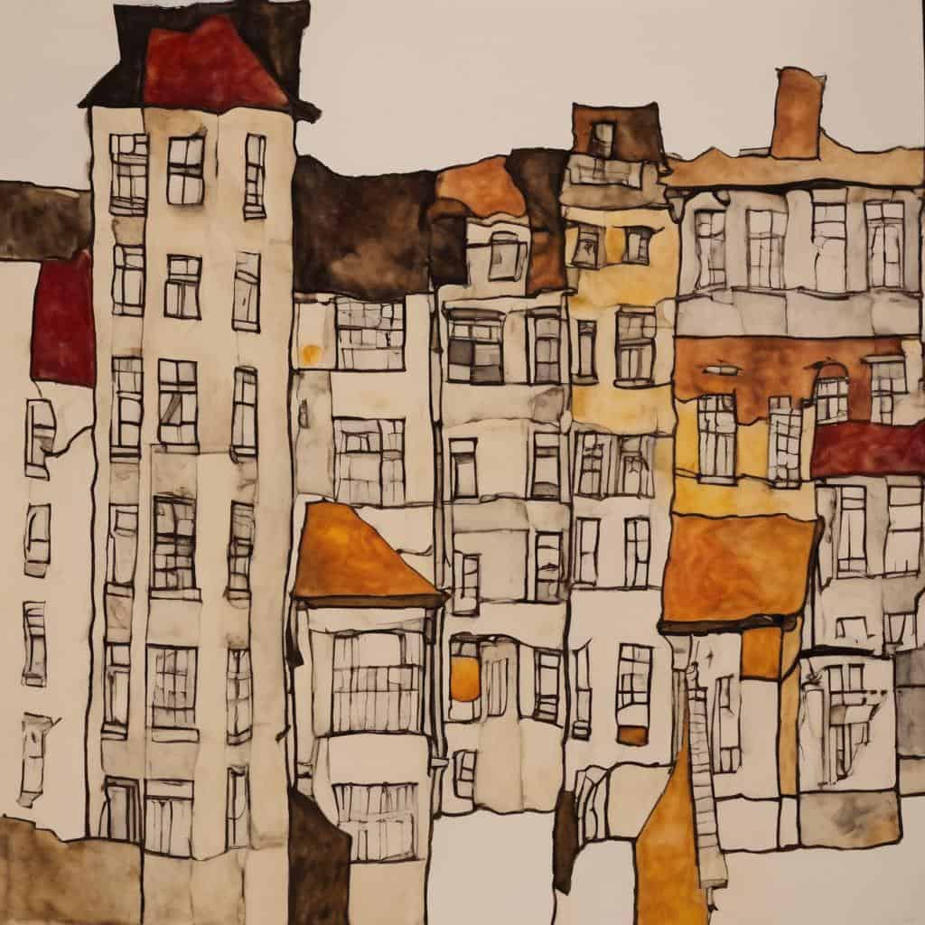 Ιστορικά κτήρια με πολύχρωμες υδατογραφίες, εκφράζουν συναισθηματική δομή και αστική ατμόσφαιρα.